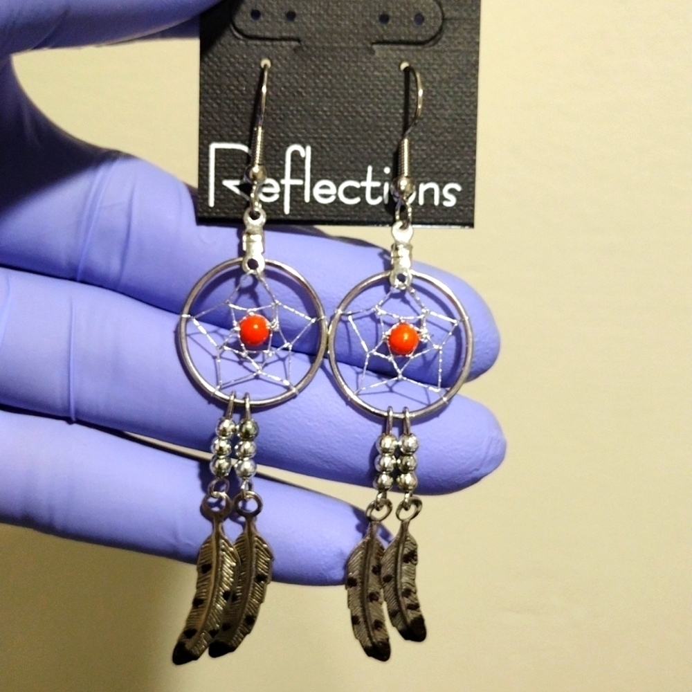 Statement 3.25" Dreamcatcher Earrings – Dreamcatcher Silver Feather, Coral Beads - Picture 3 of 6